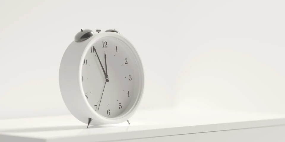 Retro alarm clock on table on warm white coloured wall background. 3d render. Stockillustratie