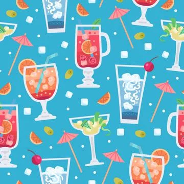 Retro Alcoholic fruit drinks seamless pattern for wallpaper design. Stock Illustration