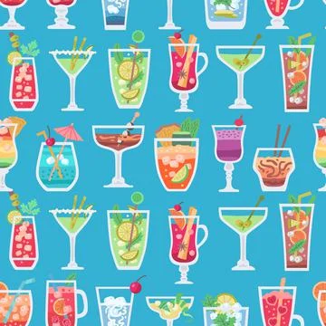 Retro Alcoholic fruit drinks seamless pattern for wallpaper design. Stock Illustration
