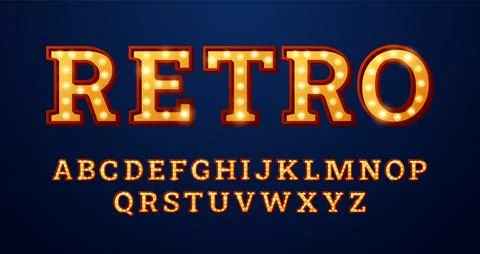 Retro alphabet with glowing bulbs, Vector illustration in circus lighting style. Stock Illustration