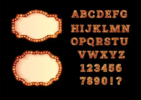 Retro alphabet, numbers and frames design with illuminated bulbs, Vector Stock Illustration