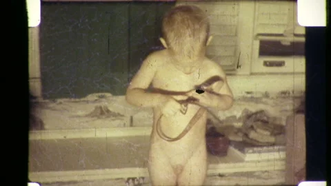 Retro America Naked Child Outside Tub | Stock Video 