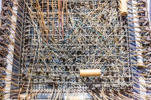 Retro analog technology exhibit in computer museum Stock Photos