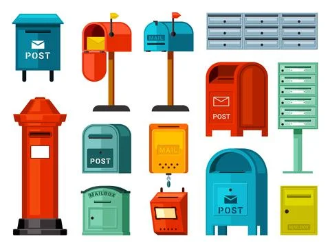 Retro and modern mailboxes set. Blue street boxes with legs red container for Stock Illustration