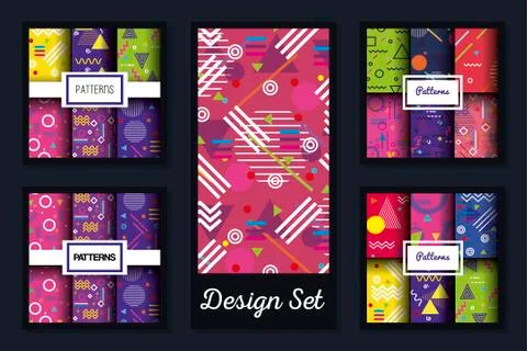 Retro and pattern backgrounds frames set vector design Stock Illustration