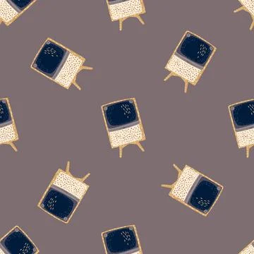 Retro antenna tv seamless pattern in hand drawn style. Dark grey background.  Stock Illustration