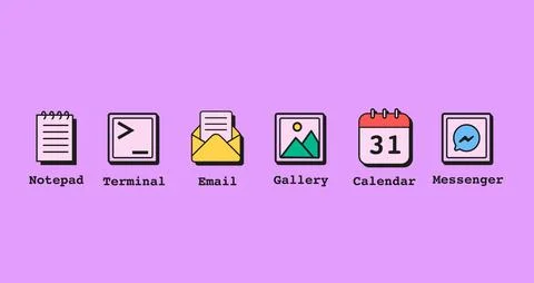 Retro app icons set with notepad, terminal, email, gallery, calendar, and Stock Illustration