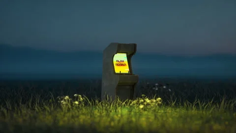 Retro Arcade Cabinet in Field with Play Again Screen 3D Render Loop Animation Video stock 336562202