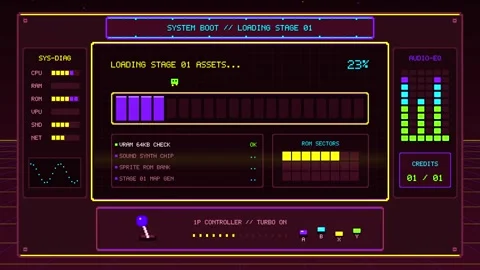 Retro Arcade Game Boot up and Loading Sequence with Pixel Art Interface Stock Footage 347922847