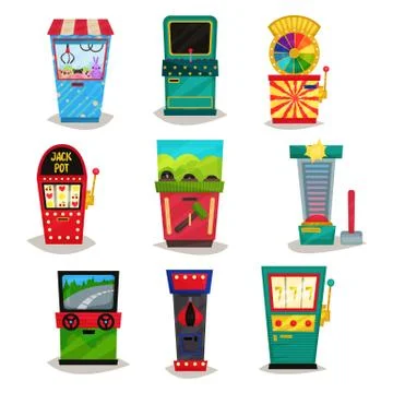 Retro arcade game machines set, claw crane, strength tester, auto simulator Stock Illustration
