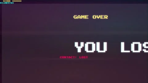 Retro Arcade Game Over Screen with Glitch Effect and Pixelated Text on Dark Stock Footage 345750840