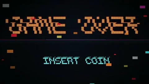 Retro Arcade Game Over Screen with Glitch Effect and Insert Coin Text on Black Stock Footage 345756672