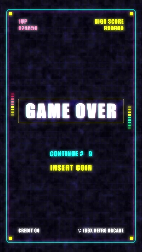 Retro arcade game over screen motion graphic loop with glowing neon text Stock Footage 346740402