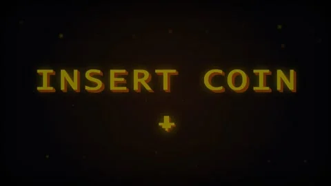 Retro Arcade Game Screen Displaying Insert Coin Message with Flashing Arrow Stock Footage 336617961