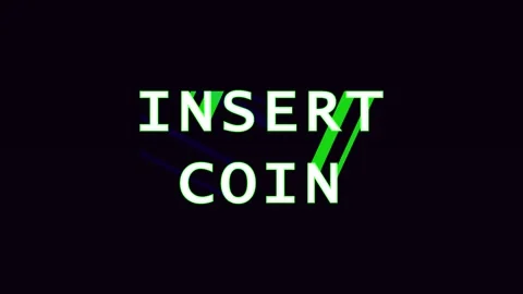 Retro arcade game screen with glowing green insert coin text animation in d.. Video stock 344283431