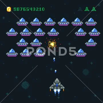 Retro arcade game screen with pixel invaders and spaceship. Space war ...