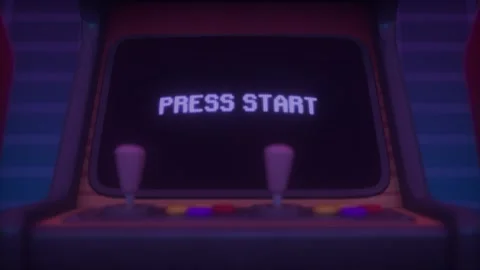 Retro Arcade Game Screen With Press Start Text and Neon Glow Stock Footage 324871983