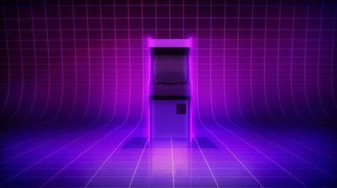 Retro arcade gaming, 3D rendering template. Wide shot of an old style, arc... Stock Photos