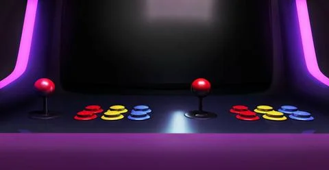  Retro arcade gaming, close up, 3D rendering template. Front player s view... Stock Photos