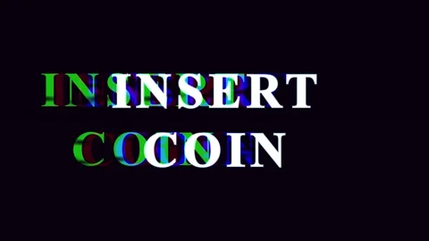 Retro arcade insert coin text animation with glitch effects during digital .. Stock Footage 344036820
