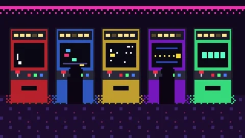 Retro arcade interior with game cabinets Vídeos de archivo 348648606