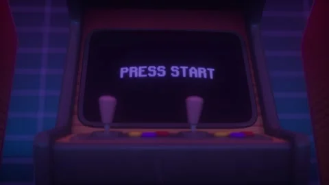 Retro Arcade Machine With Glowing Press Start Screen in Neon Lights Stock Footage 324753658
