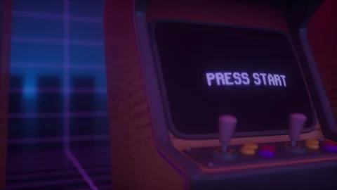 Retro Arcade Machine With Press Start Screen in Neon Lighting Stock Footage 326352573