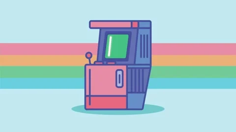 Retro arcade machine with vibrant rainbow stripes on a pastel background, n.. Stock Footage 334158355