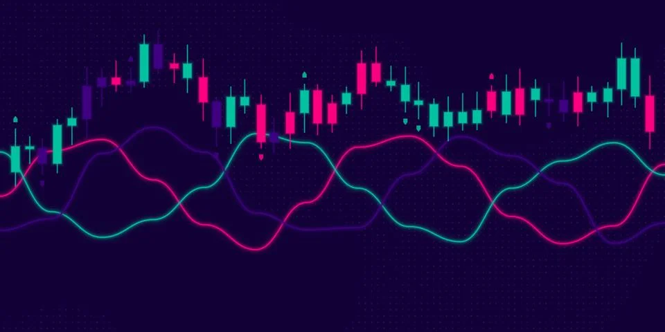 Retro Arcade Neon Crypto Candlestick Trading Graph Ilustración de archivo