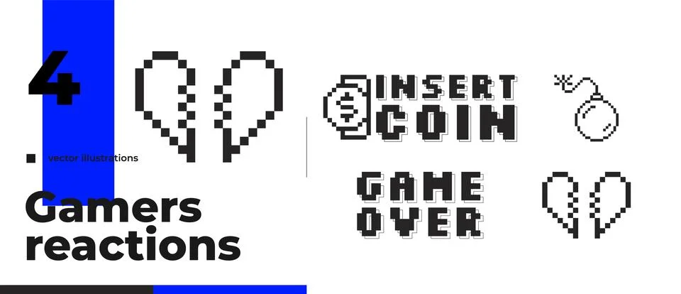 Retro arcade pixel art black and white gaming reaction set Stock Illustration