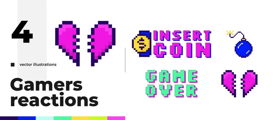 Retro arcade pixel art gaming reaction illustration set Stock Illustration