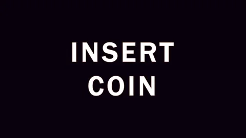 Retro arcade text insert coin glowing in dark with digital grid background Stock Footage 344283489