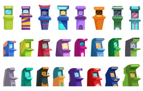 Retro arcade video game screen machine icons set cartoon vector. Computer Stock Illustration