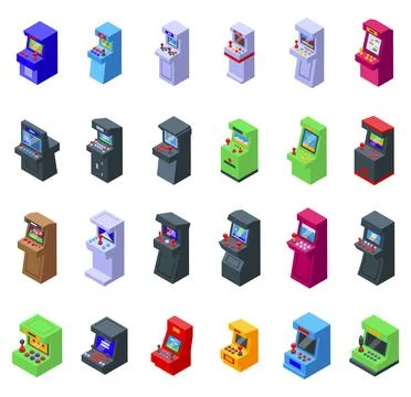 Retro arcade video game screen machine icons set isometric vector Stock Illustration