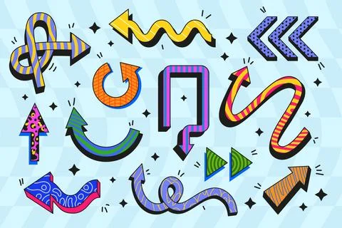 Retro arrow. Colorful infographic elements wavy and straight. Playful cartoon Stock Illustration
