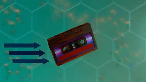 Retro audio cassette floating in front of molecular hexagon pattern green b.. Stock Illustration