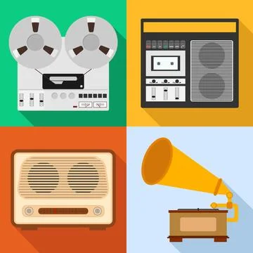 Retro audio technique. A set of old audio equipment. Grammafon, tape recorder Stock Illustration