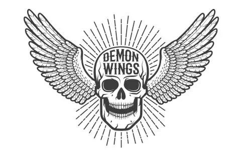 Retro authentic emblem, tattoo is a skull with wings Stock Illustration