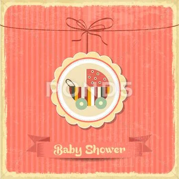 Retro baby shower card with stroller Stock Illustration