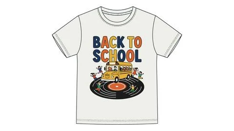 Retro back to school graphic t shirt with vinyl record and school bus, t shir Stock Illustration