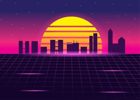Retro background 80s style sun with digital retro style tall buildings cyber Ilustración de archivo