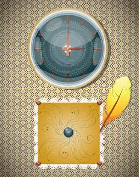 Retro background with clocks and feather. Stock Illustration