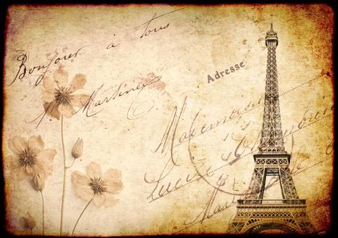 Retro background with Eiffel Tower and dry pressed flowers. Nostalgic backd.. Foto stock