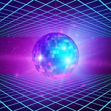 Retro background with laser rays and mirror ball. Disco party 80s poster temp Stock Illustration