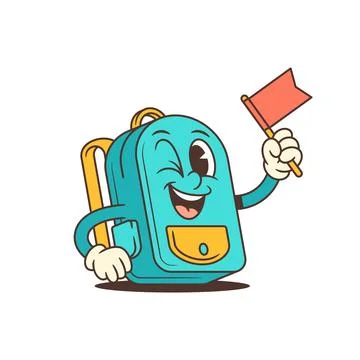 Retro backpack character winks and waves a flag, bursting with dynamic energy Stock Illustration
