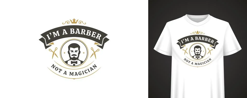 Retro badge design featuring a bearded barber with scissors, crown element, b Stock Illustration