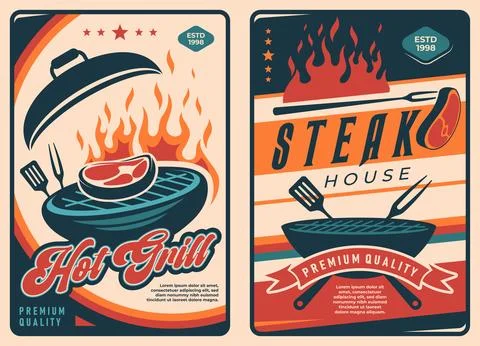Retro bbq meat vector posters with steak on grill Stock Illustration
