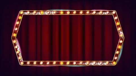 Retro Billboard Vector. Shining Light Sign Board. Realistic Shine Lamp Frame. 3D Stock Illustration
