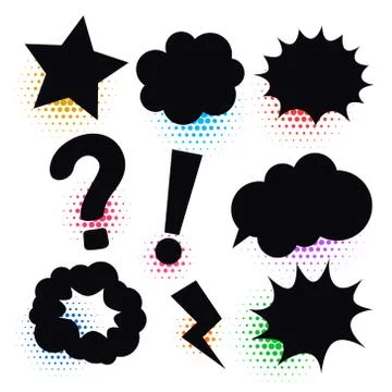 Retro black comic bubble elements set with halftone Stock Illustration
