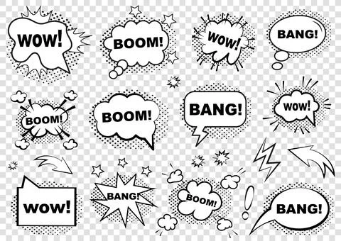 Retro blank comic bubbles and elements with black halftone shadows イラスト素材
